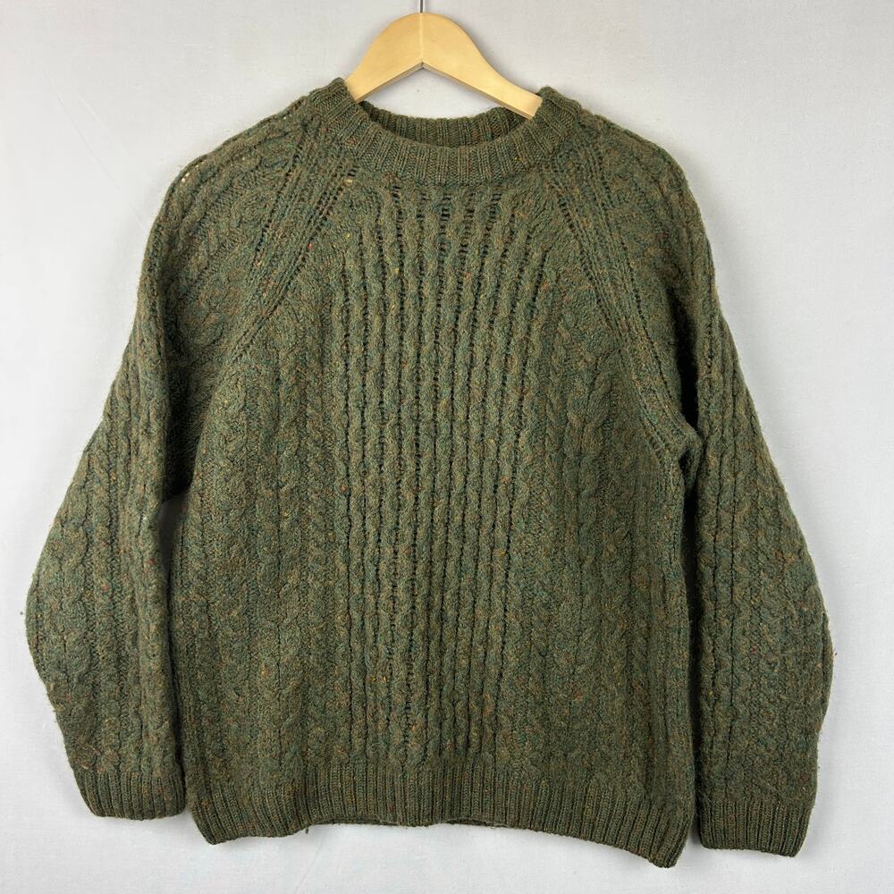Lands' End Vintage Wool Cable Knit Sweater Green Long Sleeve England Women's M
